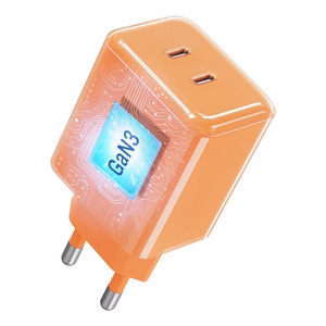Tālruņa lādētājs Forcell F-Energy GaN III Crystal Color, 2x USB C, AVS, SSFC3.0, 60W + silikona kabelis USB C uz USB C VT-60, oranžs