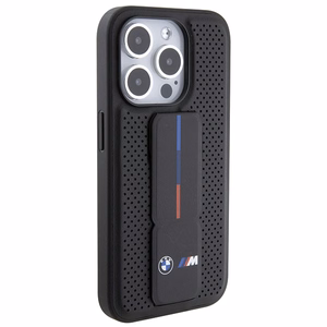 BMW ar statīvu gluds un perforēts viedtālruņa apvalks iPhone 15 Pro - melns