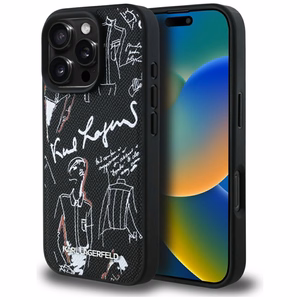 Karl Lagerfeld Grained Pattern & Logo MagSafe Maciņš for iPhone 16 Pro Max - melns