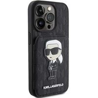 Karl Lagerfeld Saffiano karšu slotiņas un statīvs monogramma Ikonik plāksteris apvalks iPhone 15 Pro - melns