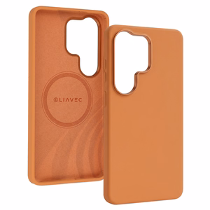 Liavec Silky maciņš ar metāla kameras rāmi priekš Samsung Galaxy S26 Ultra oranžs
