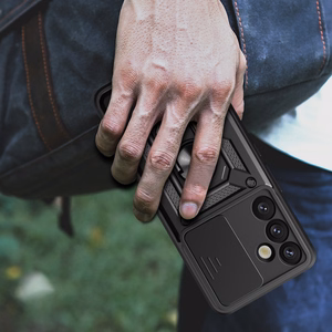 Hibrīda bruņu Camshield ar kameras vāciņu un metāla gredzenu Samsung Galaxy S25+ - melns