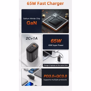 Lādētājs Essager GaN Shining melns 65W (QC3.0 / 2xPD65W)