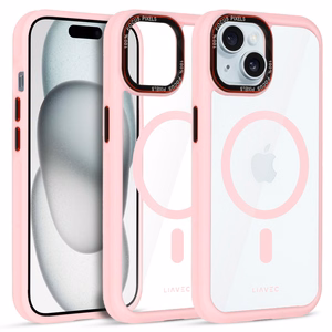 Liavec Hibrīda magnētiskais caurspīdīgs viedtālruņa apvalks iPhone 15 gaiši rozā