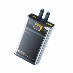 WEKOME WP-325 Vanguard Series ārējais akumulators, 20000 mAh, PD 20 W + QC 22,5 W, ar iebūvētiem USB-C un Lightning kabeļiem, melns un caurspīdīgs