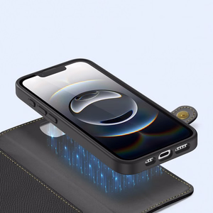 Dux Ducis Lawa iPhone 16e ādas apvalks ar noņemamu magnētisko maku - melns