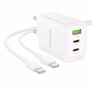 Borofone sienas lādētājs BN32 Cargador GaN - USB + 2xType C - QC 3.0 PD 65W ar Type C uz Type C balts