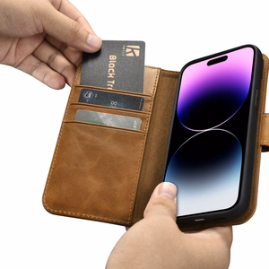 iCarer Eļļas Vaska Maki Apvalks 2in1 Vāks iPhone 14 Pro Anti-RFID Ādas Atverams Apvalks Brūns (WMI14220722-TN)