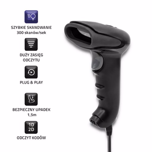 Qoltec 50868 – bezvadu lāzera 1D/2D svītrkodu skeneris, melns