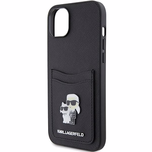 Karl Lagerfeld Saffiano Cardslots Karl&Choupette Metal Pin Viedtālruņa apvalks iPhone 15 - melns