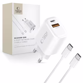 Tech-Protect NCA45W-GAN 2 portu 45 W sienas lādētājs ar USB-C kabeli - balts