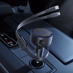 Orico Dual Stretch 60W USB-C auto lādētājs ar diviem izvelkamiem USB-C + Lightning kabeļiem - melns