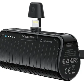 VEGER portatīvais lādētājs 5000 mAh ar iebūvētu savienotāju Lightning PlugOn PD QC3.0 3A 20W W0558P melna