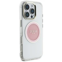 Guess IML Metal Colored Circle Classic Logo Magnētiskais viedtālruņa apvalks iPhone 16 Pro - rozā