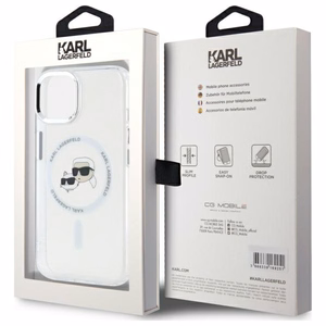 Karl Lagerfeld IML Metal Karl&Choupette galvas MagSafe iPhone 14 viedtālruņa apvalks – balts