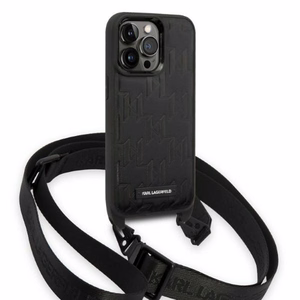 Karl Lagerfeld KLHCP14LSTMMK iPhone 14 Pro 6.1" cietais viedtālruņa apvalks melns/melns Monogrammas Plāksnītes Logotipa Siksna