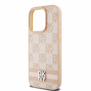 DKNY Ādas rūtainais mono raksts un drukātās svītras viedtālruņa apvalks iPhone 15 Pro - rozā
