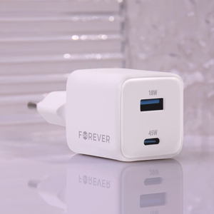 Forever TC-08-45AC GaN PD QC lādētājs 1x USB-C 1x USB 45W balts