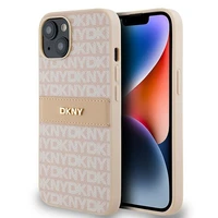 DKNY ādas mono svītra un metāla logotips viedtālruņa apvalks iPhone 15/14/13 - rozā