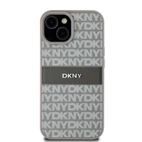 DKNY Ādas mono svītra un metāla logotips viedtālruņa apvalks iPhone 15 Plus / 14 Plus - bēšs