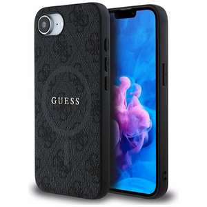 Guess PU ādas 4G krāsains gredzena apvalks ar MagSafe iPhone 16e - melns