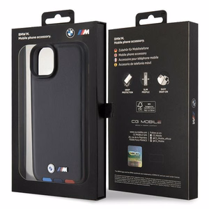 BMW BMHCP15M22PTDK viedtālruņa apvalks iPhone 15 Plus 6.7" melns/melns ādas ar trīskrāsu emblēmu