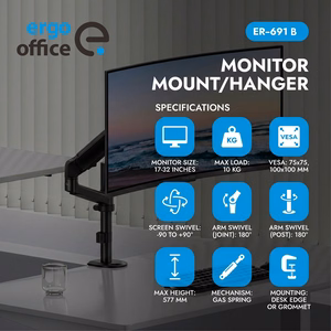 Ergo Office ER-691 B – monitora turētājs ar gāzes atsperi 17–32 collu ekrāniem, 1–10 kg, VESA līdz 100×100, matēti melns
