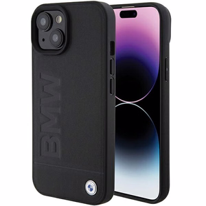 BMW Magnētiskais Ādas Hot Stamp viedtālruņa apvalks iPhone 15 Plus - melns
