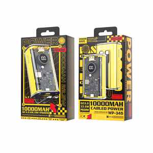 WEKOME WP-345 Vanguard Series ārējais akumulators, 10000 mAh, PD 20 W + QC 22,5 W, ar iebūvētiem USB-C un Lightning kabeļiem, dzeltens