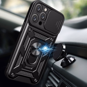Hybrid Armor Camshield viedtālruņa apvalks iPhone 16 Pro ar kameras vāciņu un statīvu - melns
