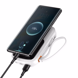 Baseus Qpow ar digitālo indikatoru portatīvais lādētājs ar ātru uzlādi 20000mAh 22.5W QC/PD/SCP/FCP ar iebūvētu USB-C kabeli balta