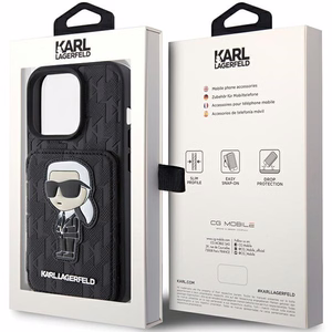 Karl Lagerfeld Saffiano karšu slotiņas un statīvs monogramma Ikonik plāksteris apvalks iPhone 15 Pro - melns