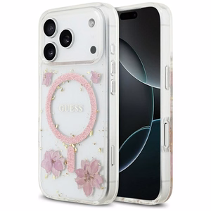 Guess sveķu ziedi spīdīgs magnētiskais viedtālruņa apvalks iPhone 17 Pro rozā