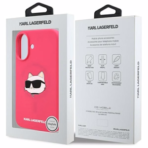 Karl Lagerfeld Silikona viedtālruņa apvalks ar Choupette galvas apdruku MagSafe iPhone 16 - fuksija