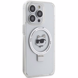 Karl Lagerfeld KLHMP15LHMRSCHH iPhone 15 Pro 6.1" balts/balts cietais apvalks ar gredzena statīvu Choupette Galva Magnētiskais