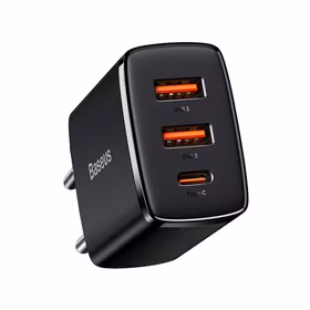 Lādētājs Baseus Compact Quick Charger, 2xUSB, USB-C, PD, 3A, 30W (melns)