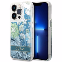 Guess Flower Liquid Glitter viedtālruņa apvalks iPhone 14 Pro Max - zaļš