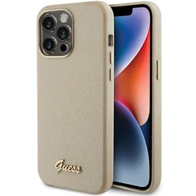Guess Mirdzošs glancēts uzraksts apvalks iPhone 15 Pro - zelta