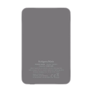 Krüger&Matz magnētiskais bezvadu ārējais akumulators, 5000 mAh, pelēks