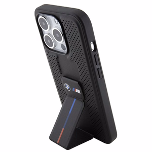 BMW ar statīvu gluds un perforēts viedtālruņa apvalks iPhone 15 Pro - melns