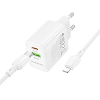 Borofone sienas lādētājs BN27 Fuente - USB + Type C - QC 3.0 PD 20W ar Type C uz Lightning kabeli balts