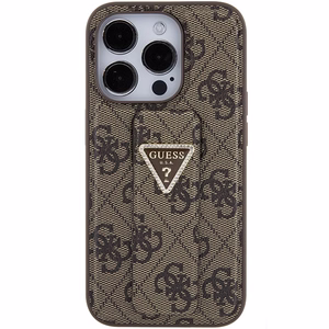 Guess Grip Stand 4G Triangle Strass viedtālruņa apvalks iPhone 15 Pro - brūns