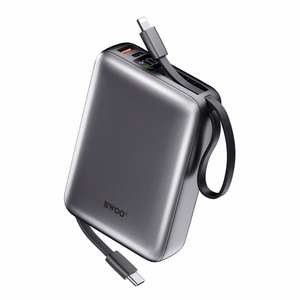 BWOO Внешний аккумулятор P73 22,5W 20000 мАч со встроенными кабелями 1x USB-C 1x Lightning чёрный