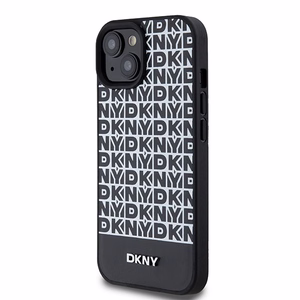 DKNY Ādas drukāts raksts metāla logotips Magnētiskais viedtālruņa apvalks iPhone 15 / 14 / 13 - melna