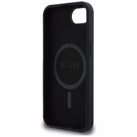 Guess Silicone Script Metal Logo MagSafe viedtālruņa apvalks iPhone 16e - melna