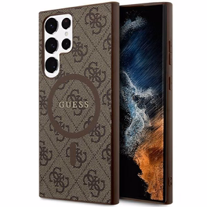Guess 4G Collection Leather Metal Logo MagSafe чехол для Samsung Galaxy S24 Ultra - коричневый