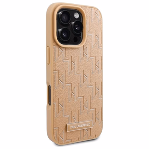 Karl Lagerfeld ādas monogrammas metāla logotipa magnētiskais viedtālruņa apvalks iPhone 16 Pro - bēšs