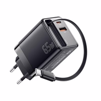 Lādētājs Essager "Scope" melns 65W (1xPD / 1xQC3.0) + integrēts Type-C kabelis