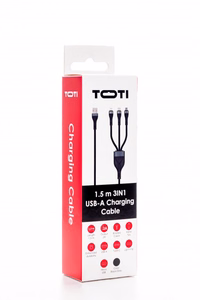 SEEK TOTI USB-A uz microUSB/Type-C/Lightning, 1,5 m pīts kabelis 2A (ne-MFI), melns