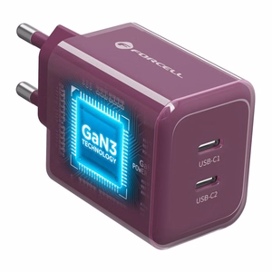 Bordo krāsas 60 W sienas lādētājs Forcell F-Energy GaN III Crystal Color VT-60, 2 × USB-C, AVS/PPS, ar 1 m 60 W silikona USB-C–USB-C kabeli